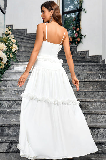 Hvit A Line Sweetheart Neck Spaghetti stropper Long Simple Dress
